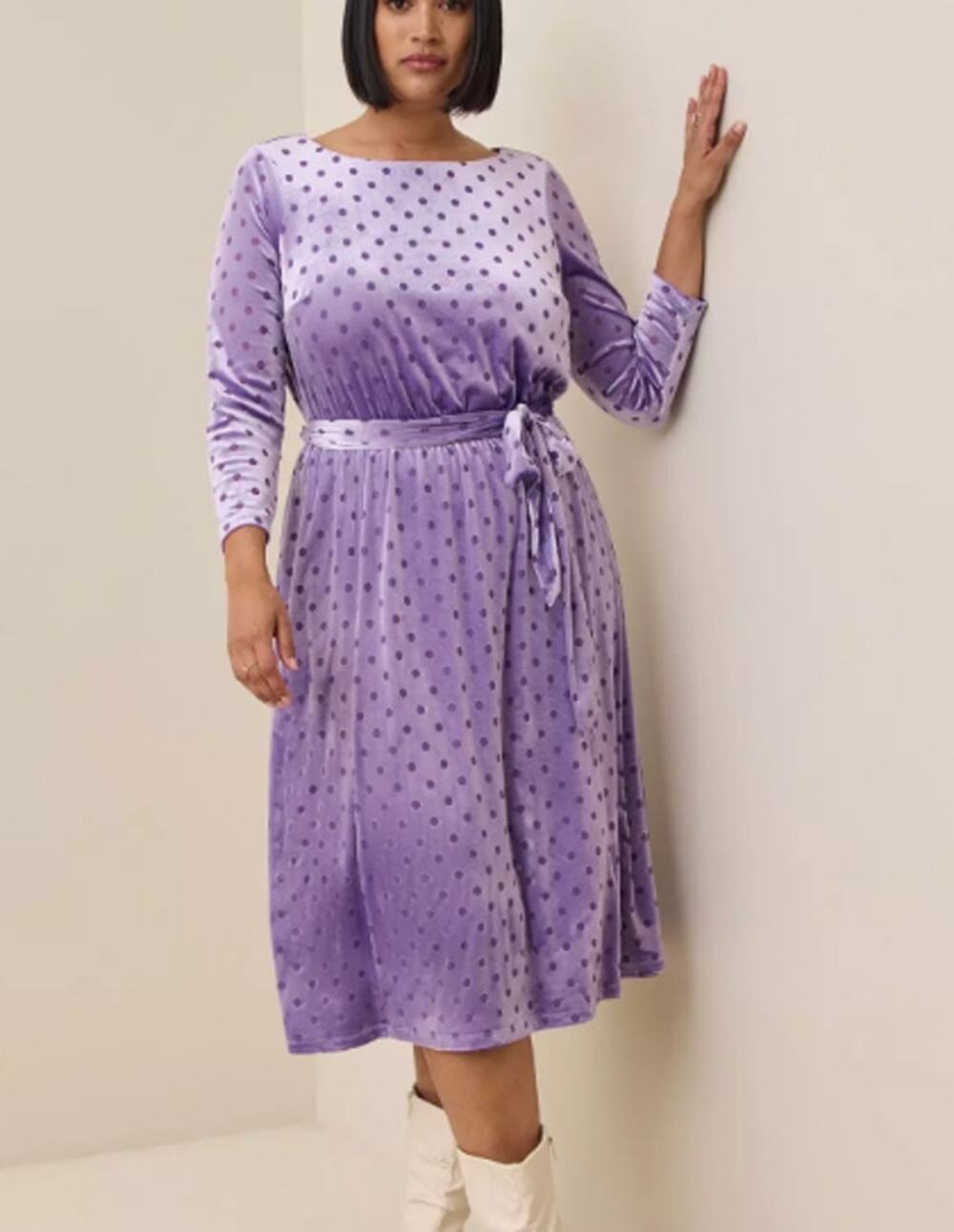 Torrid Women's 1X Dress Purple Polka Dot Midi Burnout Velvet Boatneck Belted NWT